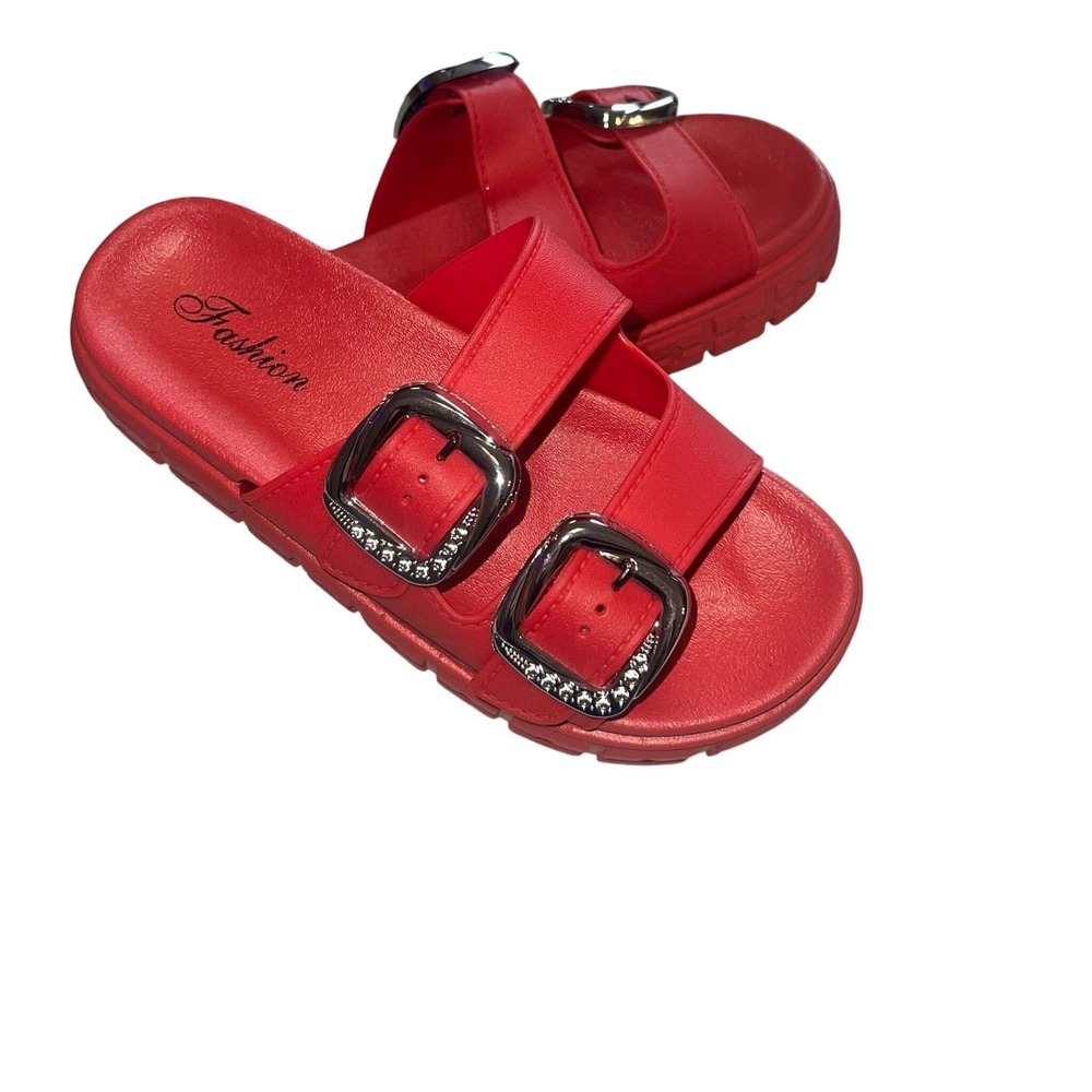 Fashion Red Platform Slide Sandals Rhinestone Buckle Double Strap Size 38/39